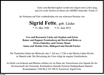Traueranzeige von Sigrid Fette von Deister- und Weserzeitung