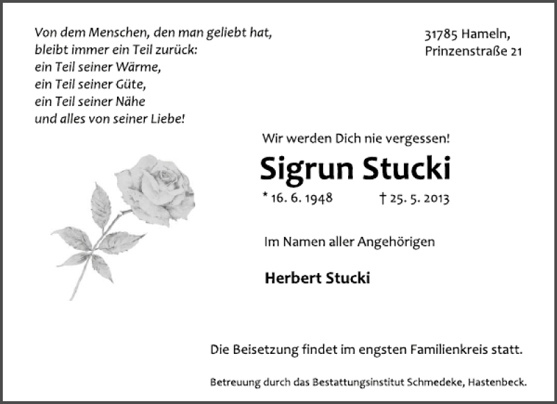  Traueranzeige für Sigrun Stucki vom 01.06.2013 aus Deister- und Weserzeitung