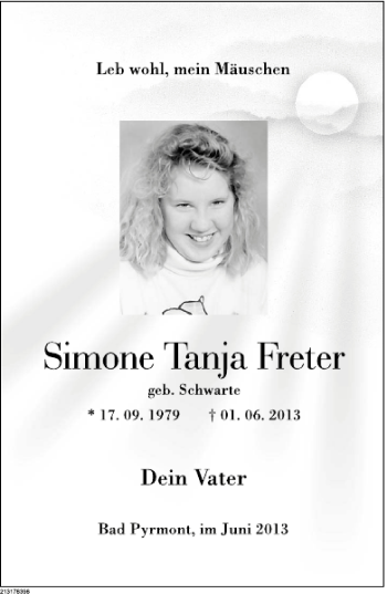 Traueranzeige von Simone Tanja Freter von Deister- und Weserzeitung