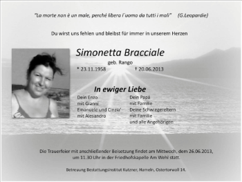 Traueranzeige von Simonetta Bracciale von Deister- und Weserzeitung