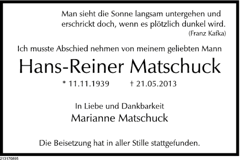  Traueranzeige für TA Matschuck vom 05.06.2013 aus Deister- und Weserzeitung