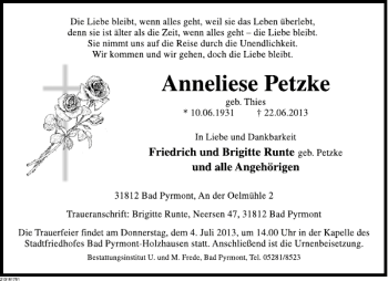 Traueranzeige von TA Anneliese Petzke von Deister- und Weserzeitung