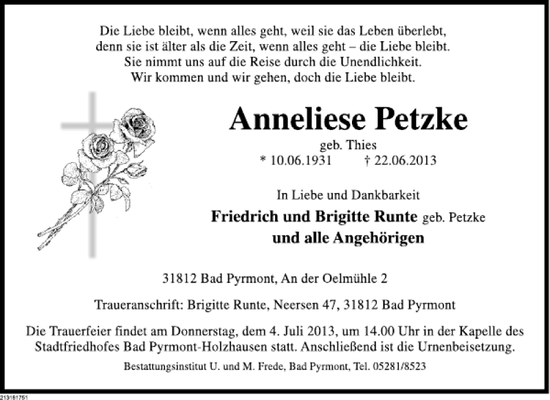 Traueranzeige für TA Anneliese Petzke vom 29.06.2013 aus Deister- und Weserzeitung