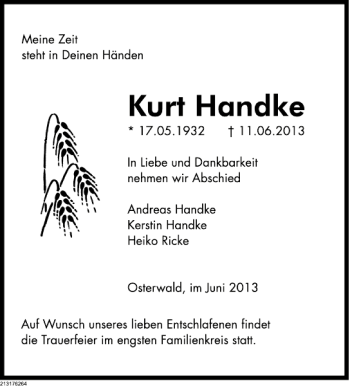 Traueranzeige von TA Kurt Handke von Deister- und Weserzeitung