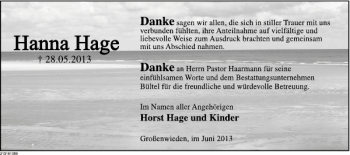 Traueranzeige von TD Hanna Hage von Deister- und Weserzeitung