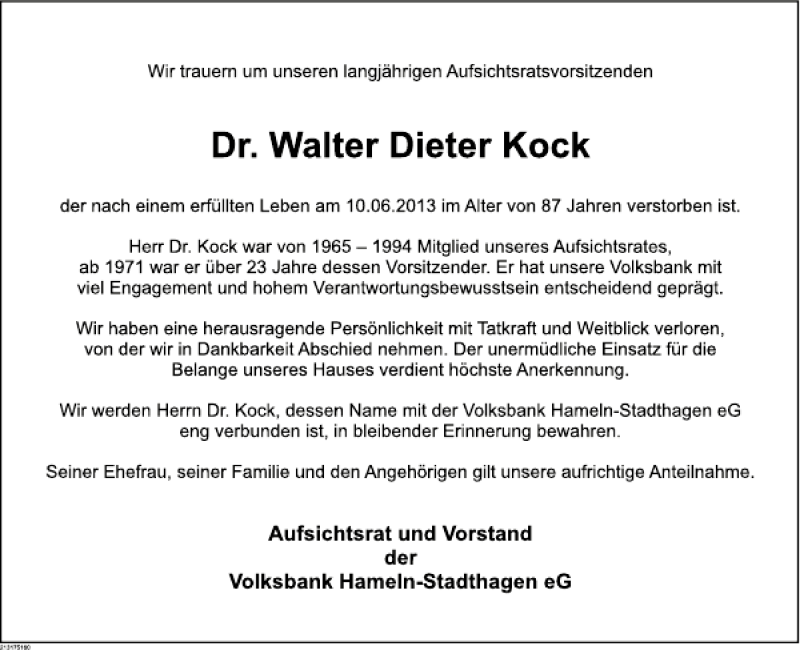  Traueranzeige für Traueranzeige Dr. Kock vom 12.06.2013 aus Deister- und Weserzeitung