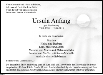 Traueranzeige von Ursula Anfang von Deister- und Weserzeitung