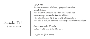 Traueranzeige von Ursula Pohl von Deister- und Weserzeitung
