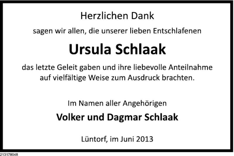  Traueranzeige für Ursula Schlaak vom 22.06.2013 aus Deister- und Weserzeitung