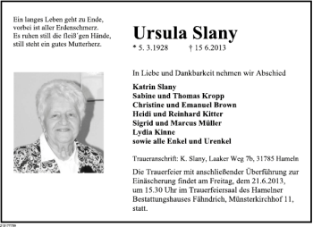 Traueranzeige von Ursula Slany von Deister- und Weserzeitung