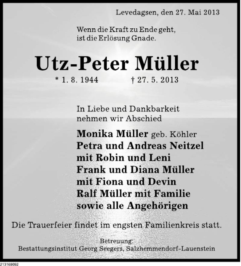 Traueranzeige für Utz-Peter Müller vom 01.06.2013 aus Deister- und Weserzeitung