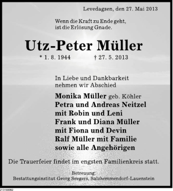 Traueranzeige von Utz-Peter Müller von Deister- und Weserzeitung