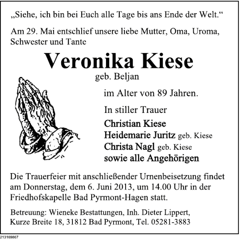  Traueranzeige für Veronika Kiese vom 01.06.2013 aus Deister- und Weserzeitung