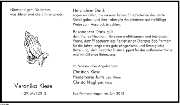 Traueranzeige von Veronika Kiese von Deister- und Weserzeitung