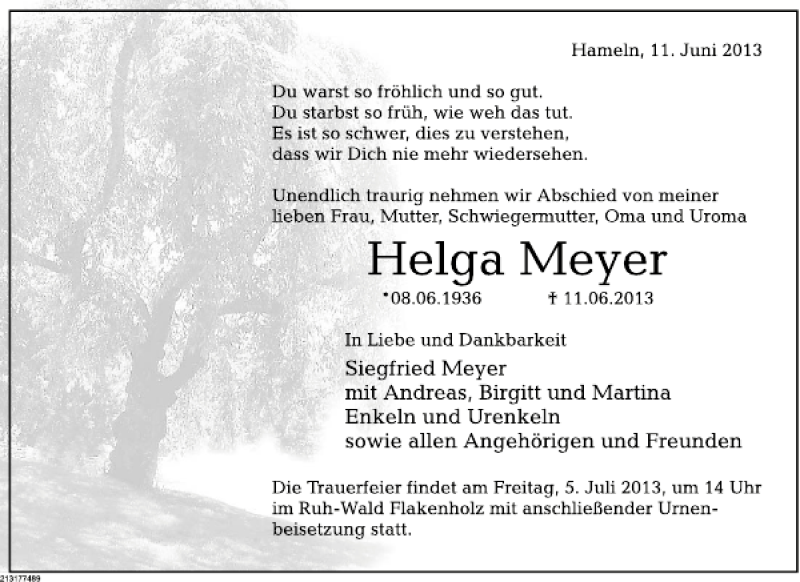  Traueranzeige für Vorsatz Helga Meyer vom 18.06.2013 aus Deister- und Weserzeitung