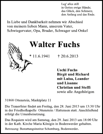 Traueranzeige von Walter Fuchs von Deister- und Weserzeitung