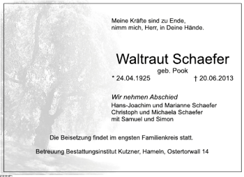 Traueranzeige von Waltraut Schaefer von Deister- und Weserzeitung