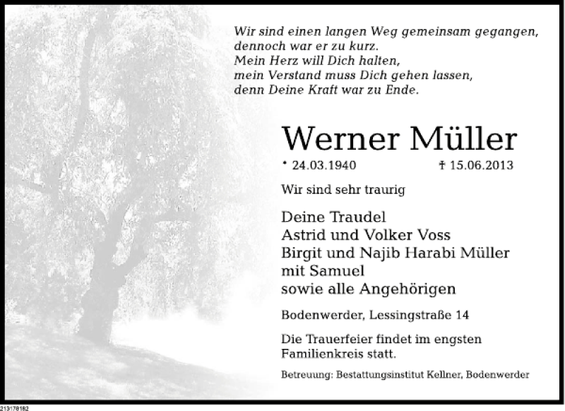  Traueranzeige für Werner Müller vom 20.06.2013 aus Deister- und Weserzeitung