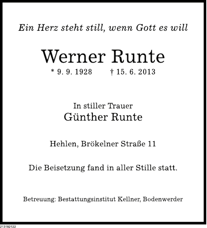  Traueranzeige für Werner Runte vom 29.06.2013 aus Deister- und Weserzeitung