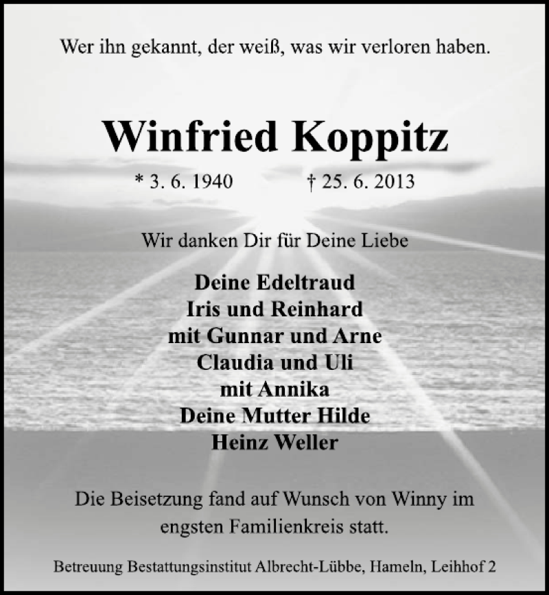  Traueranzeige für Wienfried Koppitz vom 29.06.2013 aus Deister- und Weserzeitung
