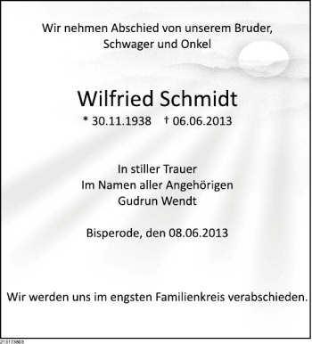 Traueranzeige von Wilfried Schmidt von Deister- und Weserzeitung