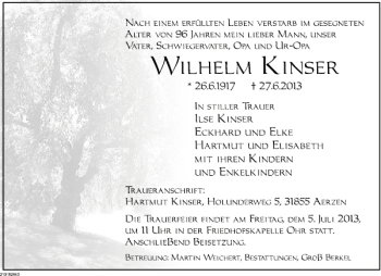 Traueranzeige von Wilhelm Kaiser von Deister- und Weserzeitung