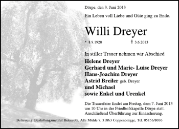 Traueranzeige von Willi Dreyer von Deister- und Weserzeitung