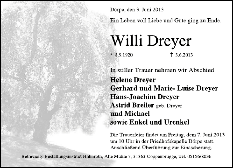  Traueranzeige für Willi Dreyer vom 05.06.2013 aus Deister- und Weserzeitung
