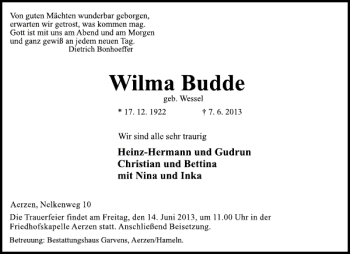 Traueranzeige von Wilma Budde von Deister- und Weserzeitung