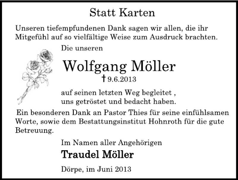 Traueranzeige für Wolfgang Möller vom 29.06.2013 aus Deister- und Weserzeitung