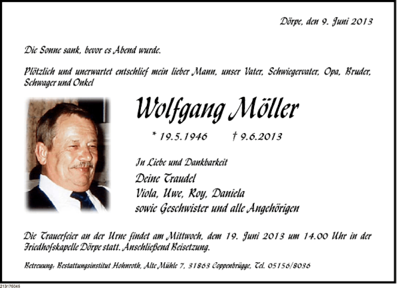  Traueranzeige für Wolfgang Möller vom 14.06.2013 aus Deister- und Weserzeitung