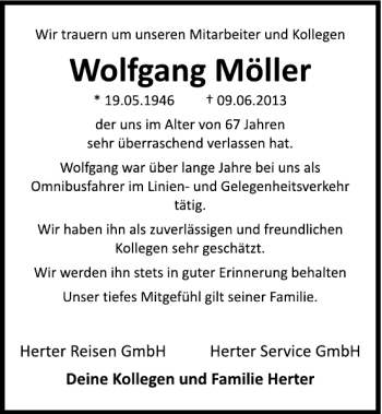Traueranzeige von Wolfgang Möller von Deister- und Weserzeitung