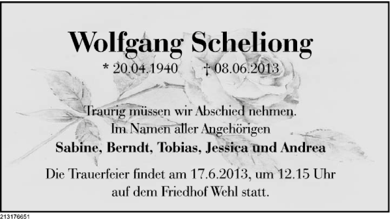  Traueranzeige für Wolfgang Scheliong vom 15.06.2013 aus Deister- und Weserzeitung