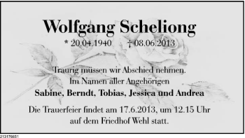 Traueranzeige von Wolfgang Scheliong von Deister- und Weserzeitung