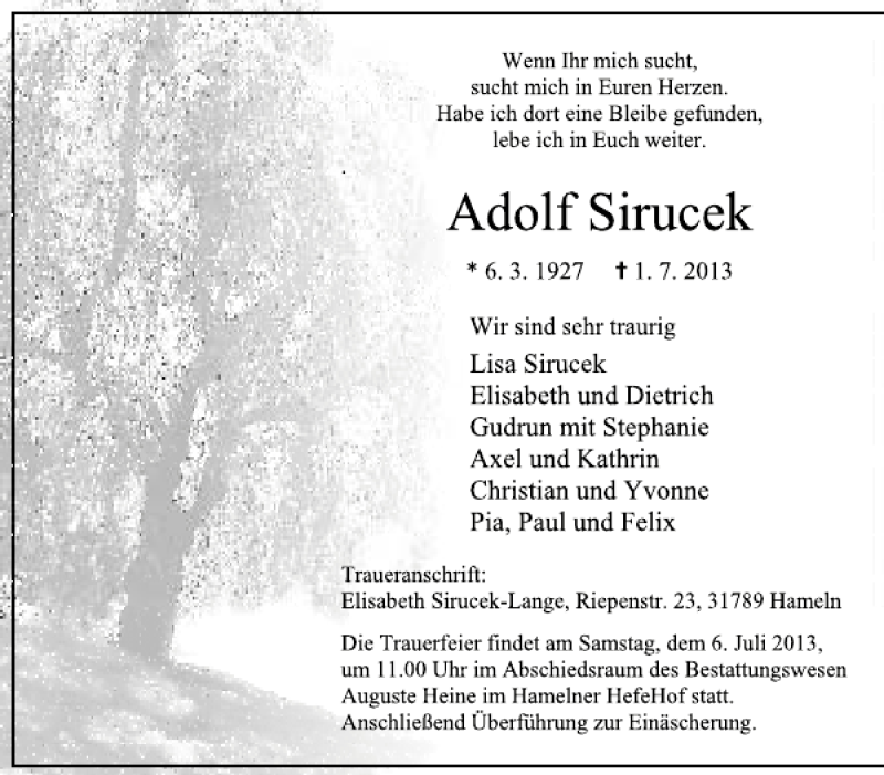  Traueranzeige für Adolf Sirucek vom 03.07.2013 aus Deister- und Weserzeitung