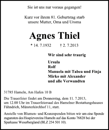 Traueranzeige von Agnes Thiel von Deister- und Weserzeitung