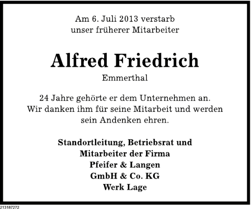  Traueranzeige für Alfred Friedrich vom 10.07.2013 aus Deister- und Weserzeitung