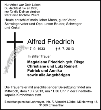 Traueranzeige von Alfred Friedrich von Deister- und Weserzeitung