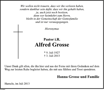 Traueranzeige von Alfred Grosse von Deister- und Weserzeitung