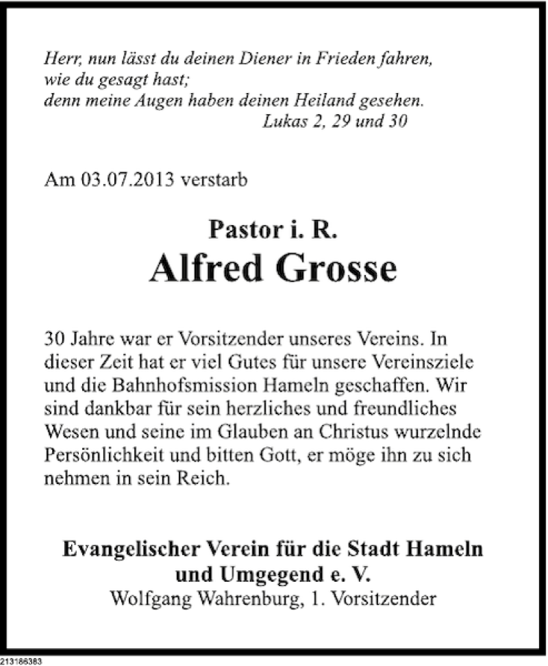  Traueranzeige für Alfred Grosse vom 09.07.2013 aus Deister- und Weserzeitung