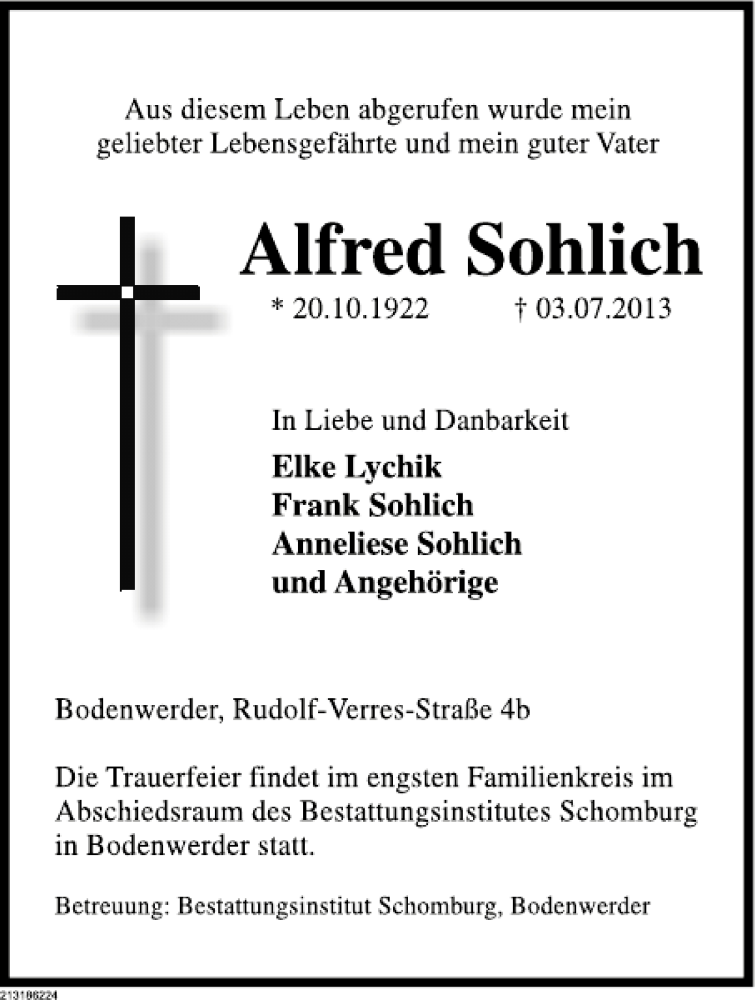  Traueranzeige für Alfred Sohlich vom 06.07.2013 aus Deister- und Weserzeitung