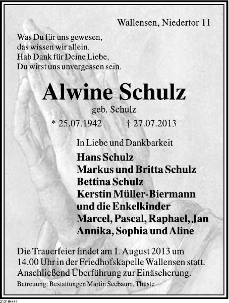  Traueranzeige für Alwine Schulz vom 30.07.2013 aus Deister- und Weserzeitung