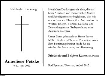 Traueranzeige von Anneliese Petzke von Deister- und Weserzeitung