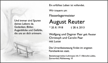 Traueranzeige von August Reuter von Deister- und Weserzeitung