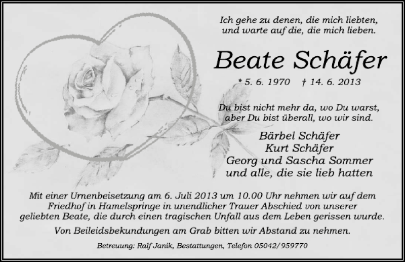 Traueranzeige für Beate Schäfer vom 04.07.2013 aus Neue Deister-Zeitung