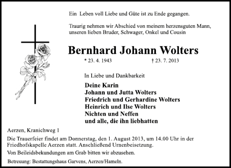  Traueranzeige für Bernhard Johann Wolters vom 27.07.2013 aus Deister- und Weserzeitung