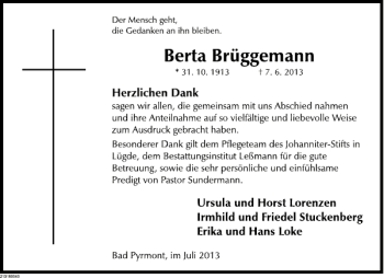 Traueranzeige von Berta Brüggemann von Deister- und Weserzeitung