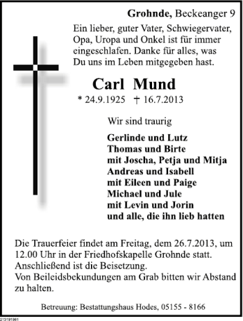 Traueranzeige von Carl Mund von Deister- und Weserzeitung
