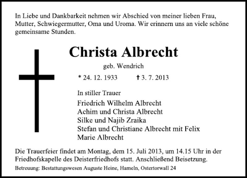  Traueranzeige für Christa Albrecht vom 06.07.2013 aus Deister- und Weserzeitung