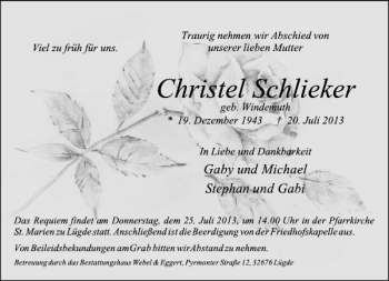 Traueranzeige von Christel Schlieker von Deister- und Weserzeitung